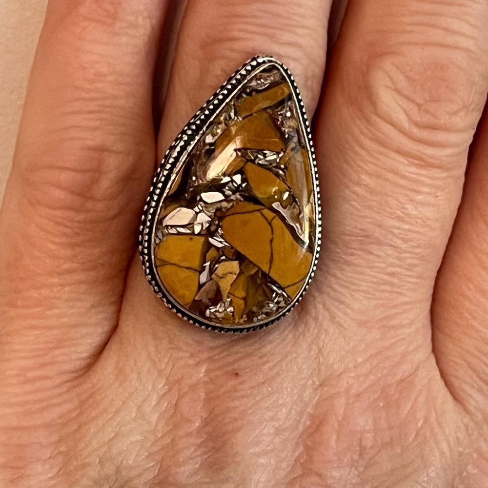 STATEMENT GEMSTONE RING SILVER OVERLAY BRECCIATED MOOKAITE SIZE 7.5-7.75 - Picture 6 of 7